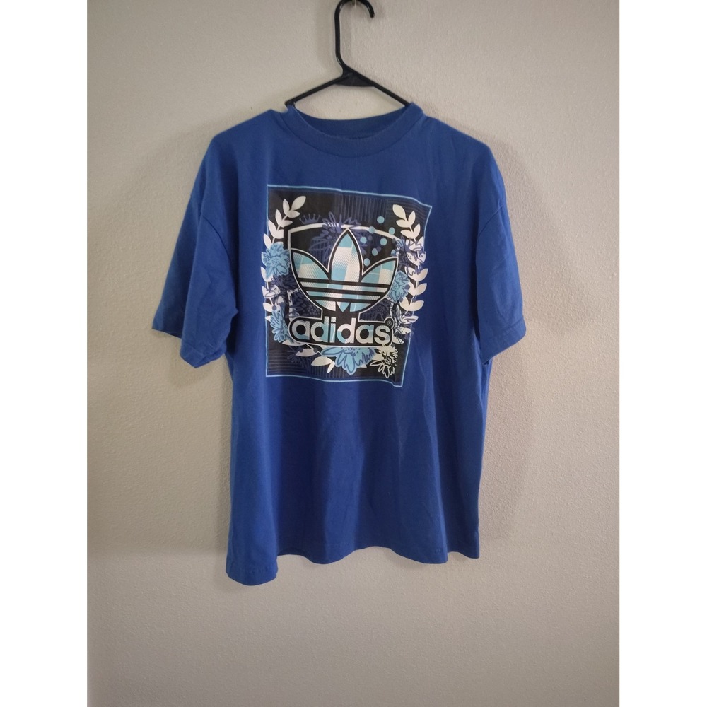 Adidas Foot Locker Graphic T-Shirt Blue Floral Trefoil Logo Mens Large Cotton